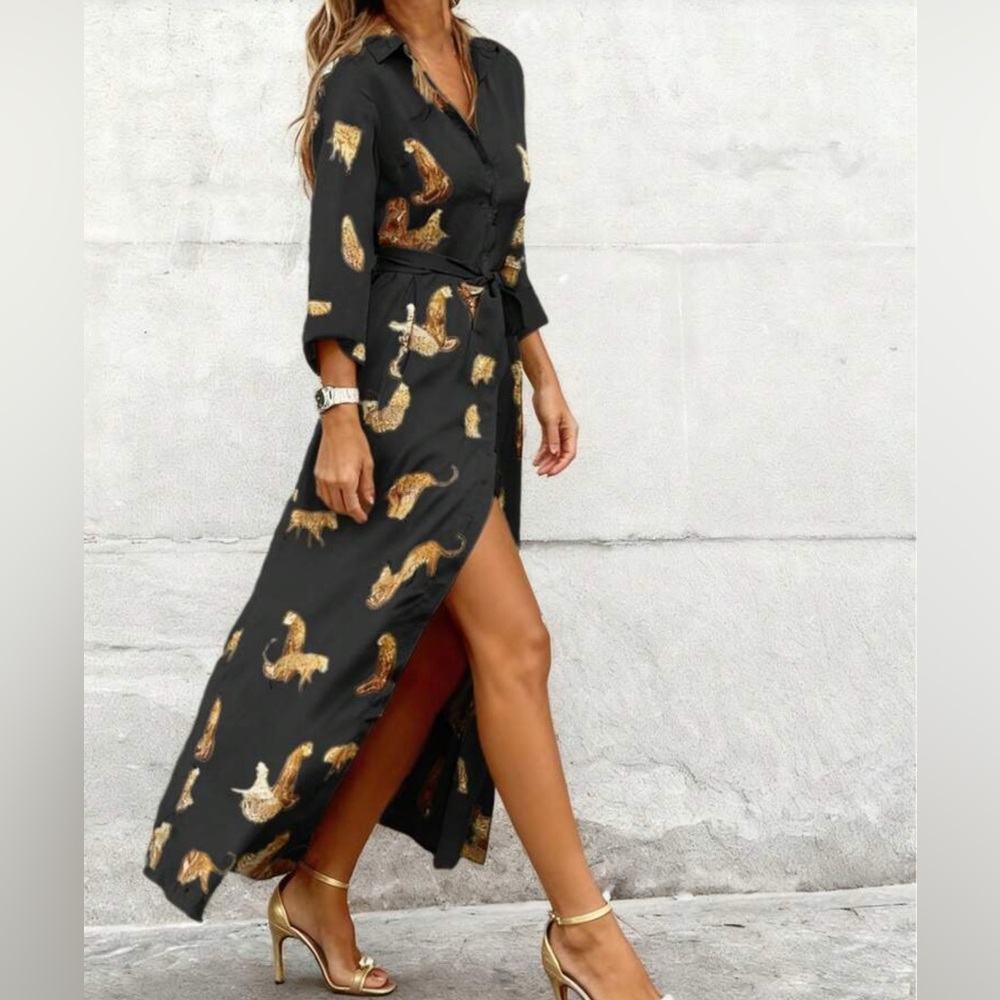 Elegant Black and Gold Animal Print Maxi Dress